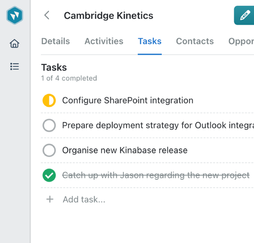 Use Tasks in Kinabase to keep your team on track