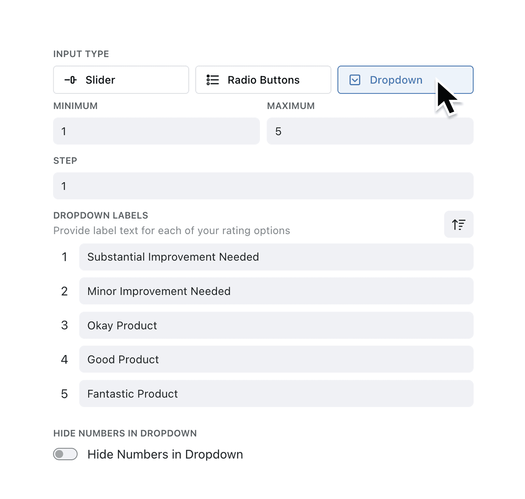 Collect clearer feedback with dropdown rating fields and custom labels