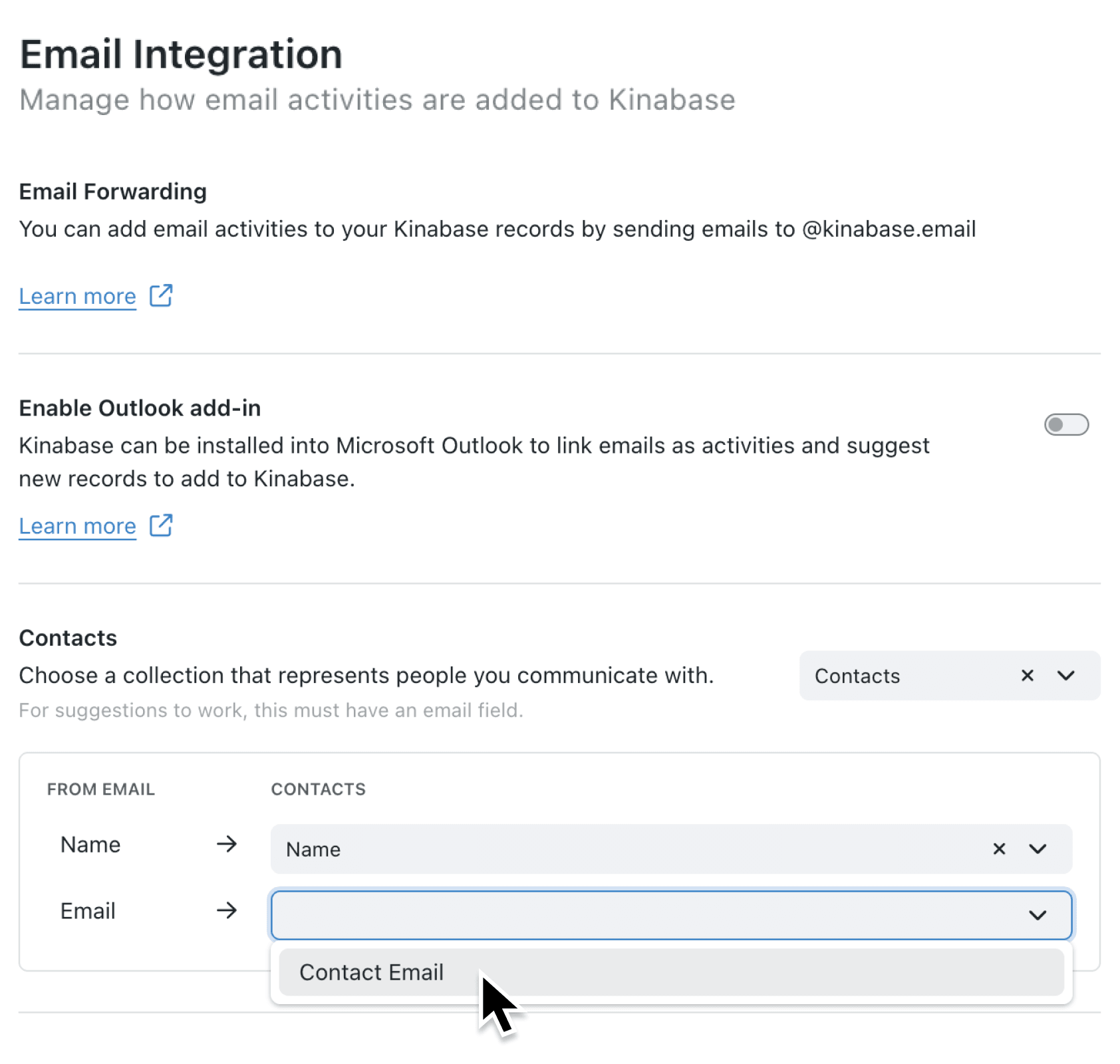 Use email integration with contacts only, no organisations required