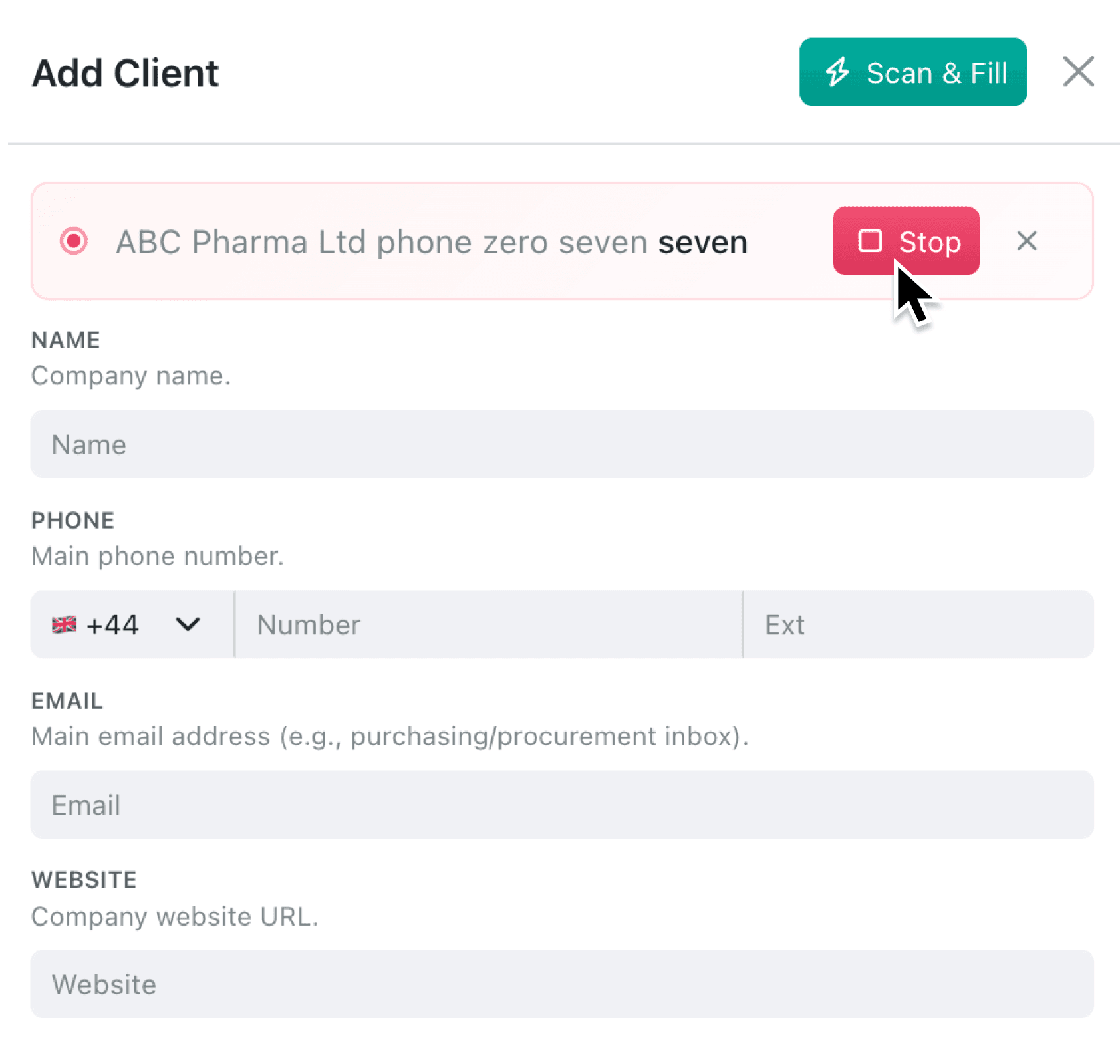 Dictate record details with voice input for Scan & Fill