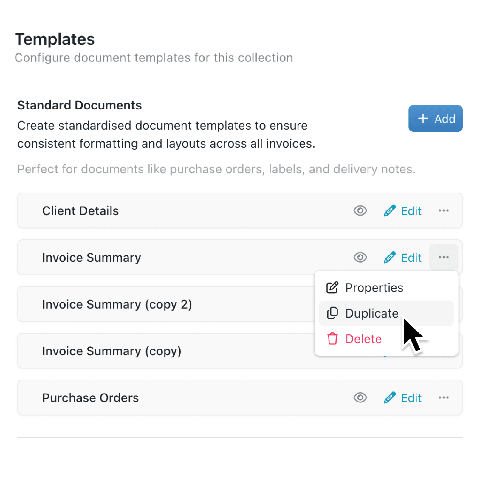 Save time by duplicating document templates in one click