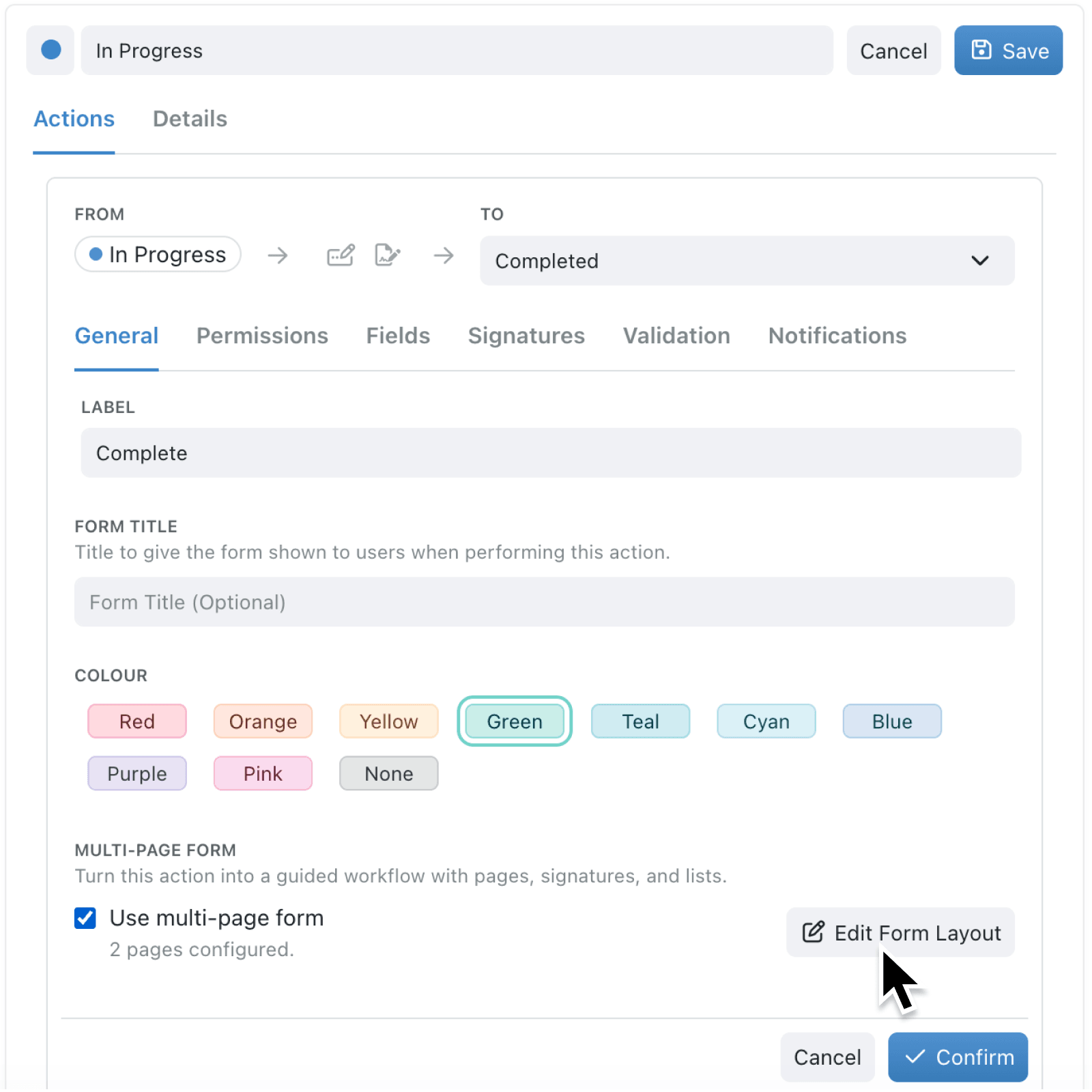 Guide teams through stage changes with multi-page workflow forms
