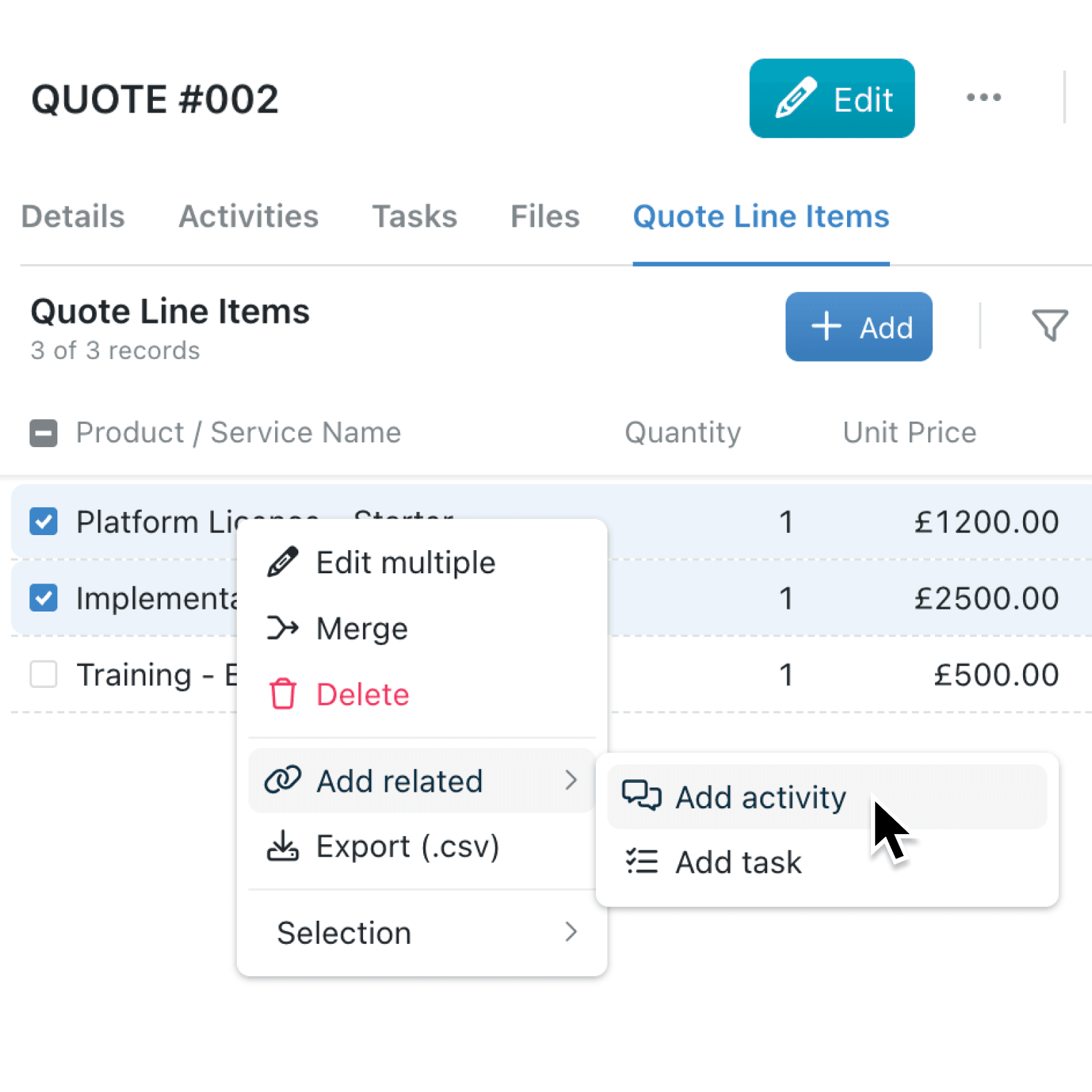 Add activities and tasks from associated collection tabs