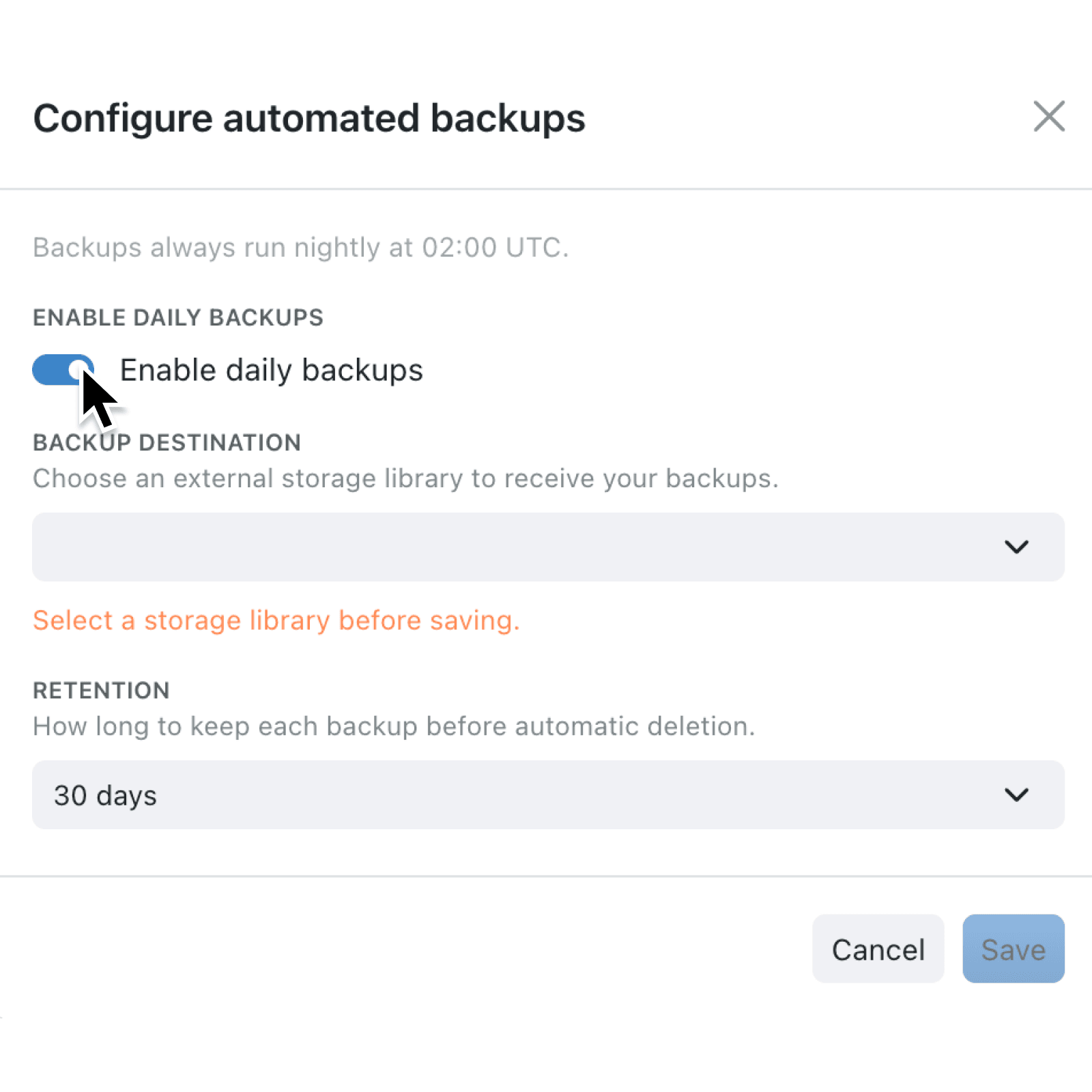 Schedule daily external backups to your own storage library