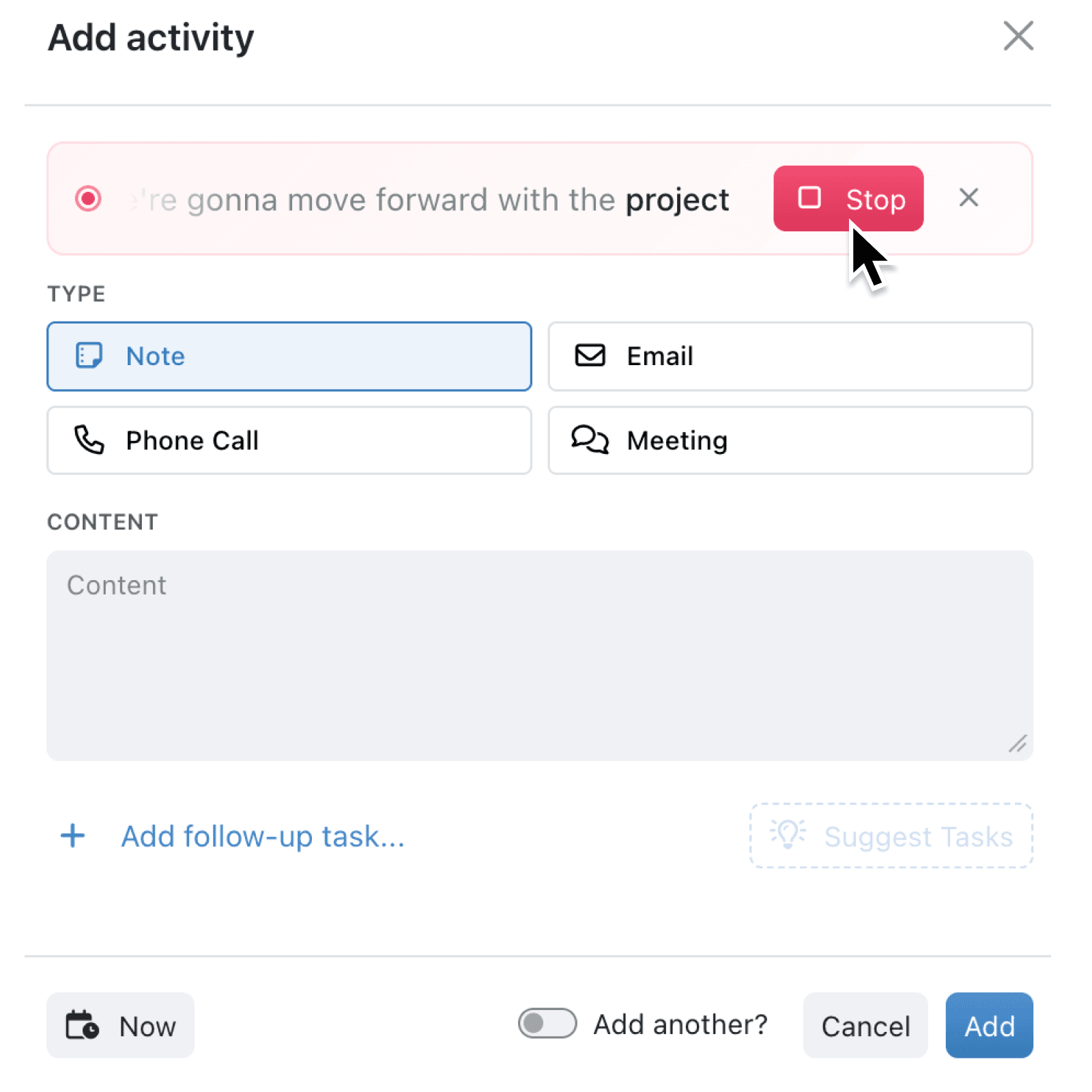 Log activities and stage changes by voice