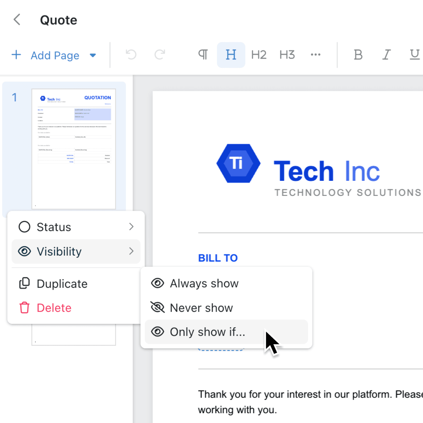 Control document output with page visibility rules