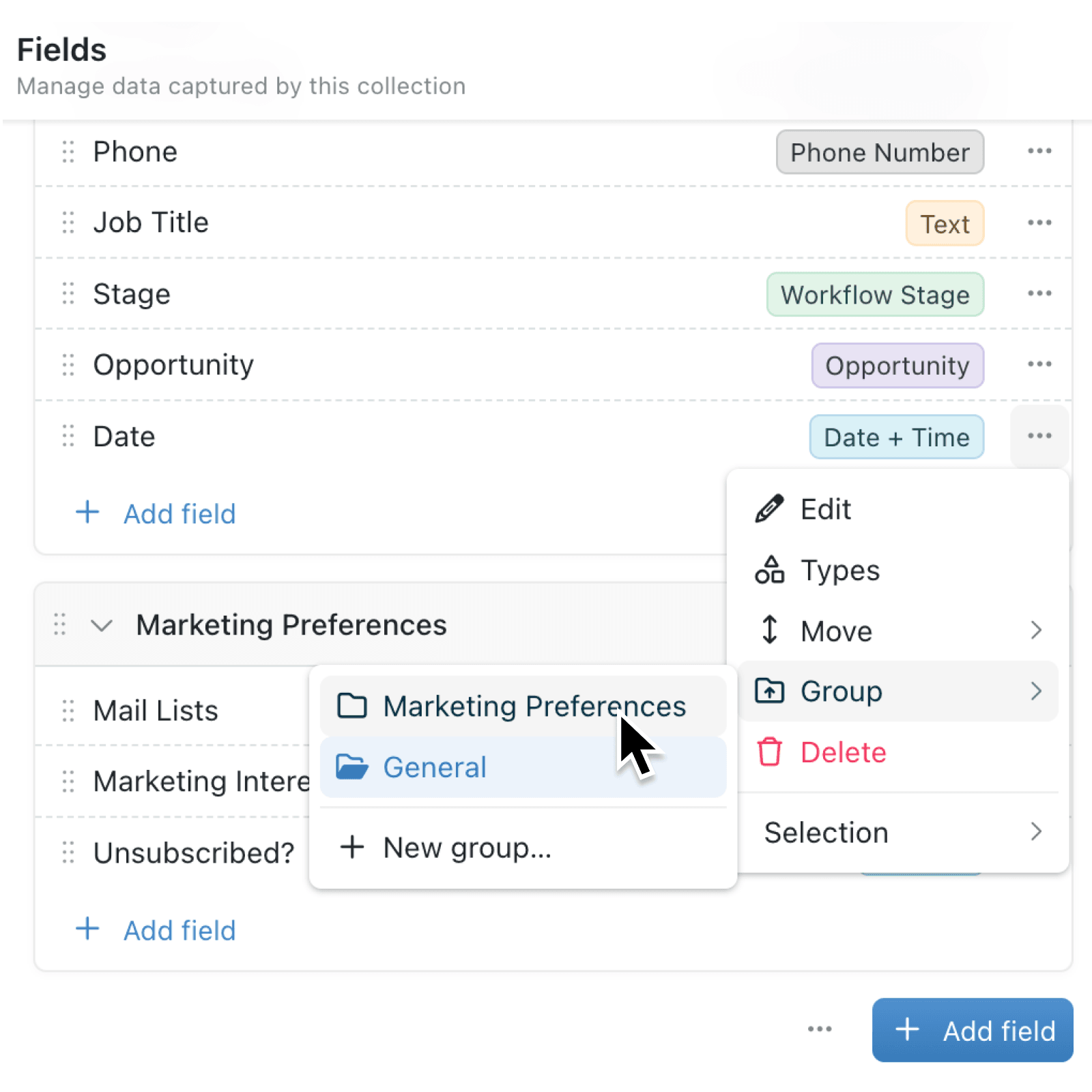Organise related fields into groups when creating or editing records