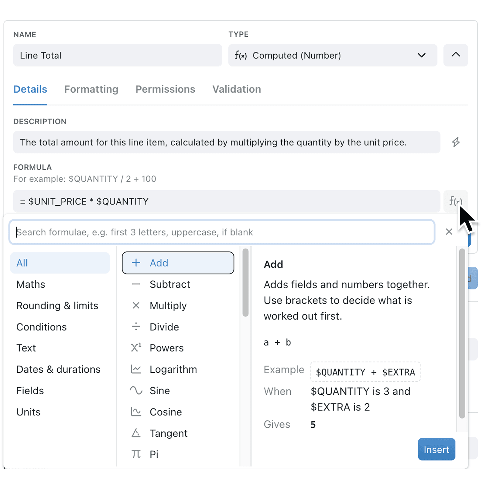 Find and insert formulas with formula browser and suggestions