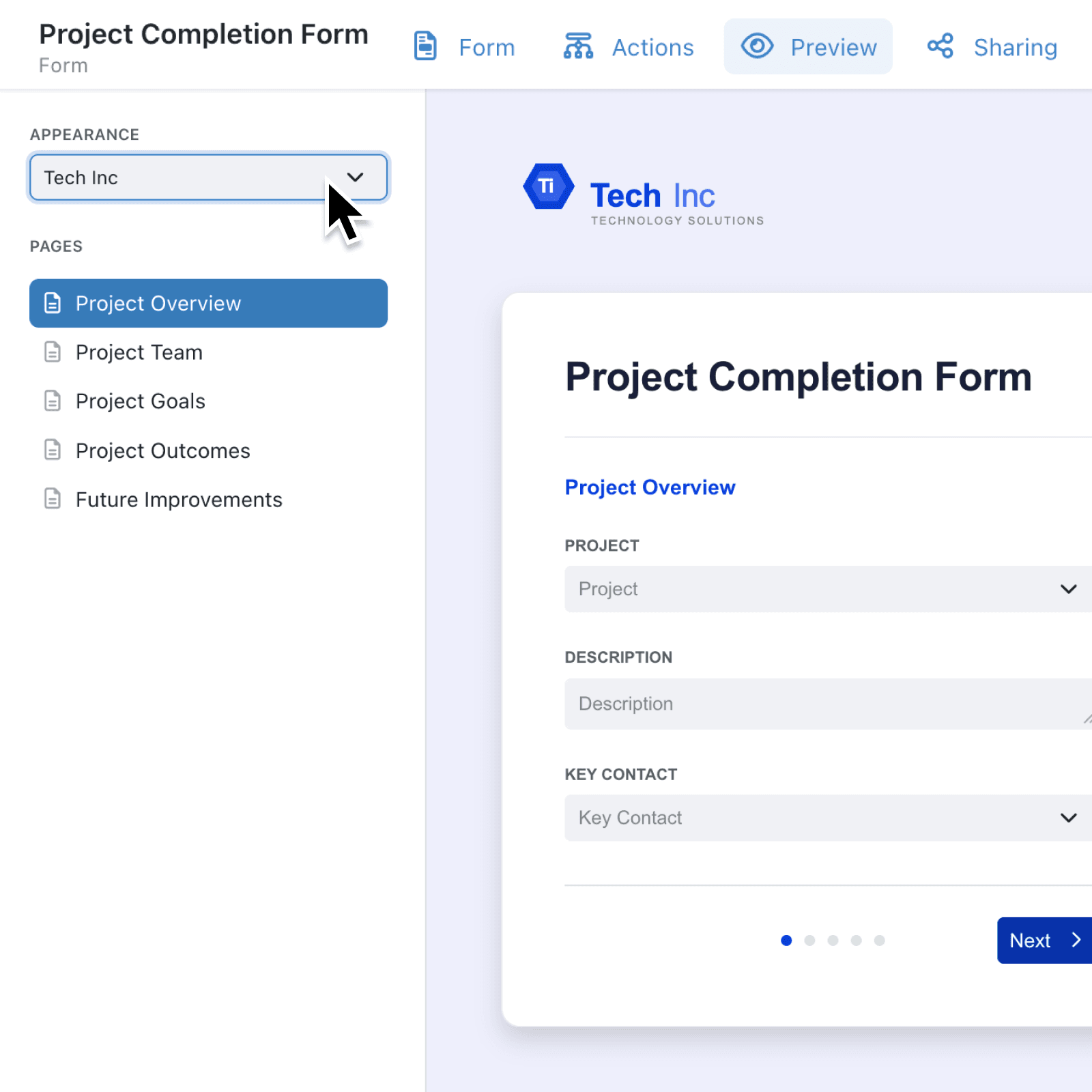 Preview the finished form and move fields between pages