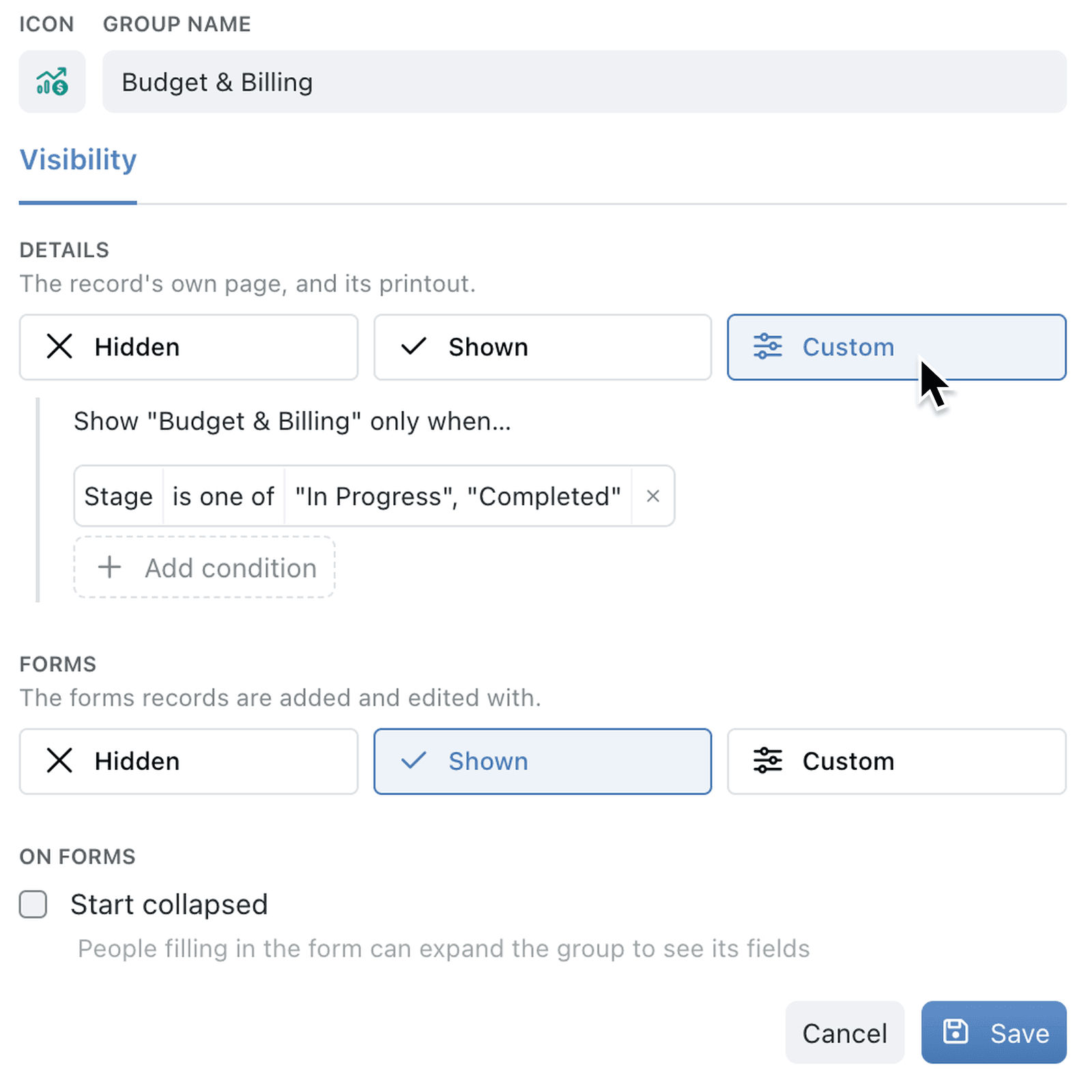 Choose where groups, lists and child collections show