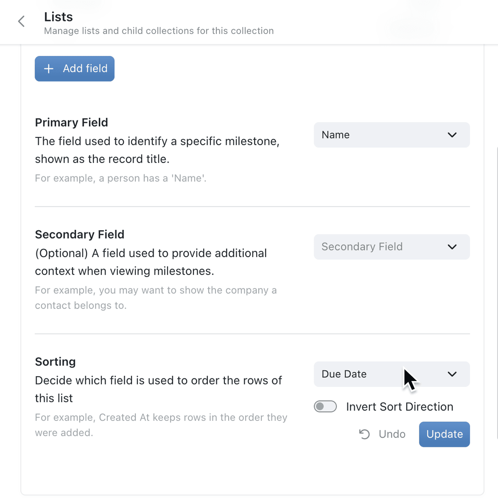Order list rows by the field you choose