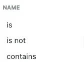 Options displayed when selecting field to filter by