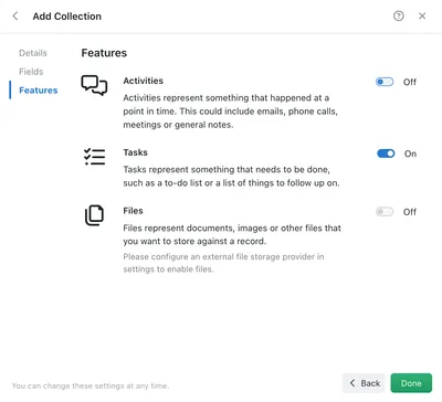Selecting features for collection