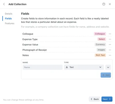 Configuring fields for expenses collection