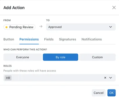 Setting permissions for the action