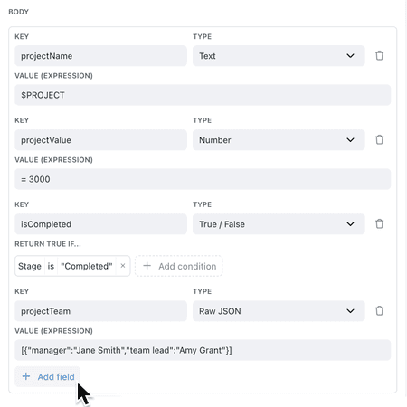 The Make an API call step showing the Body settings