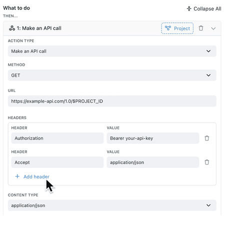 The Make an API call step showing the Action Type, Method, URL and Headers settings