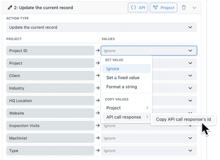 The Update the current record step showing the Copy Values settings for API call response values
