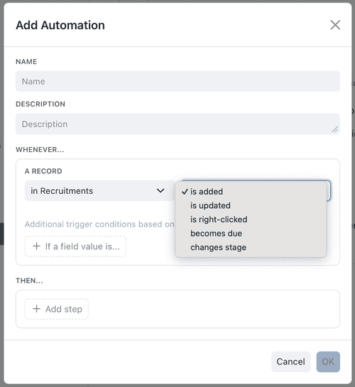 Choosing an automation trigger in the When to trigger section