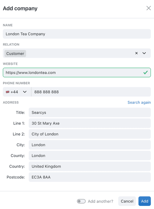 The Add record form, with fields for name, relation, website, phone number and address