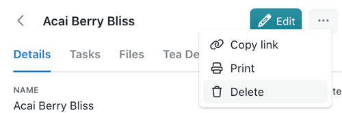 A record's options menu open, showing Copy link, Print and Delete