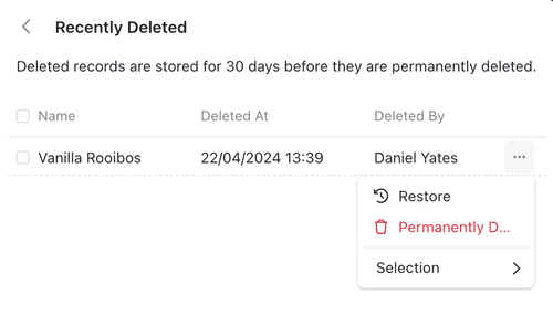 The Recently Deleted pane, listing a deleted record with Restore and Permanently Delete options