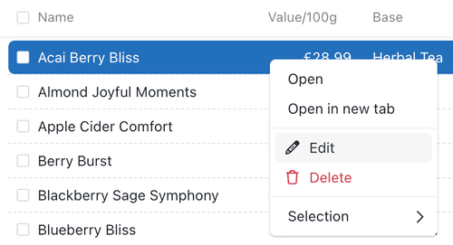 A record ticked in a collection list, with its right-click context menu open