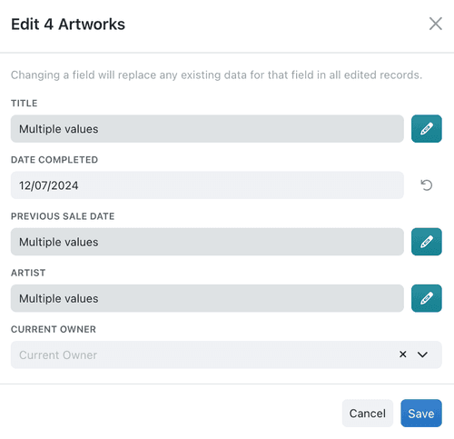 The Edit multiple window, showing fields with multiple values and pencil icons to overwrite them