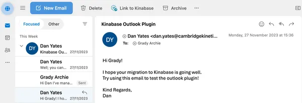 Outlook toolbar showing link to Kinabase