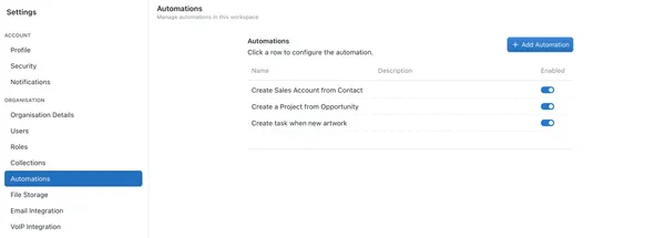 Automations settings page