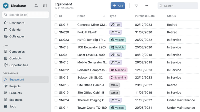 Equipment collection showing multiple records with fields